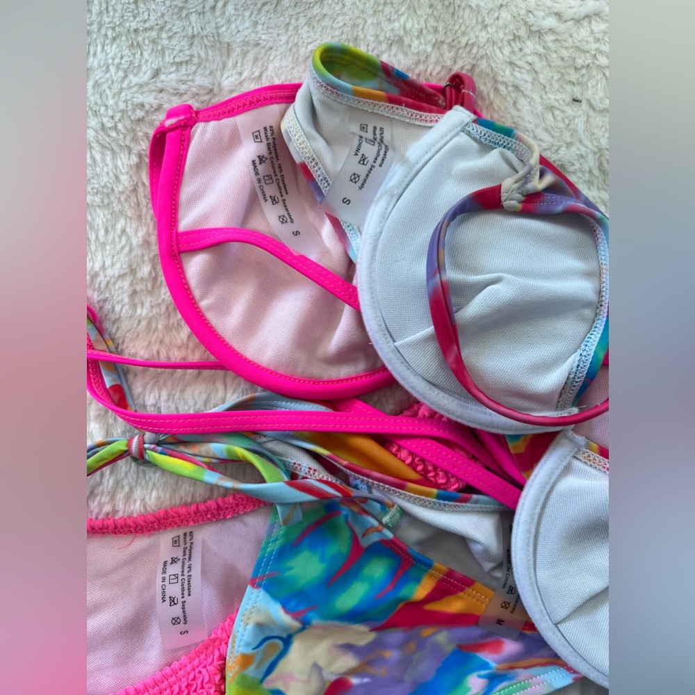 SHEIN Swim Bikinis: Tie-Dye Beach Underwire & Thong Bikini, Pink Textured Bikini - Picture 5 of 14